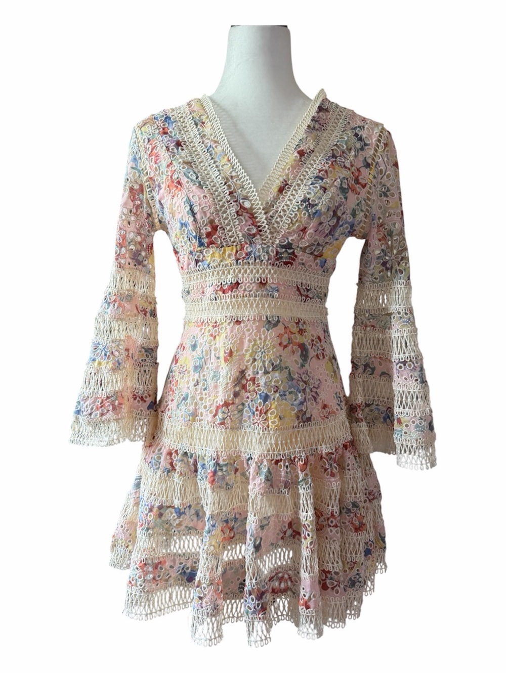 Aviva on Earth Lace-Trim Eyelet Mini Dress in Cream with Pastel Floral M